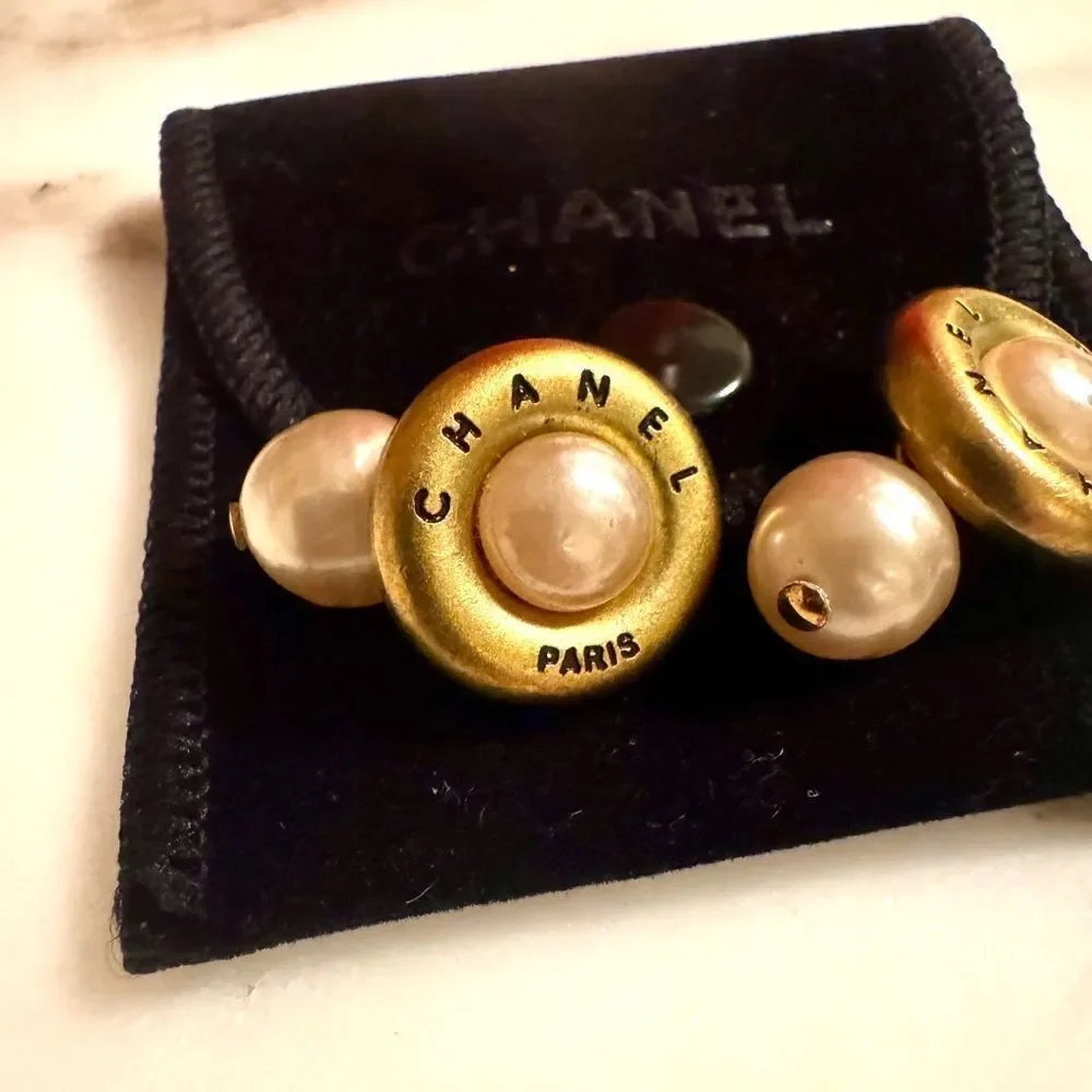CHANEL Gold Plated and Cream Faux Pearl Vintage Cufflinks Authentic